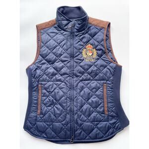 Women's Polo Ralph Lauren Navy Quilted Vest with Crest and Brown Suede Trim Med.